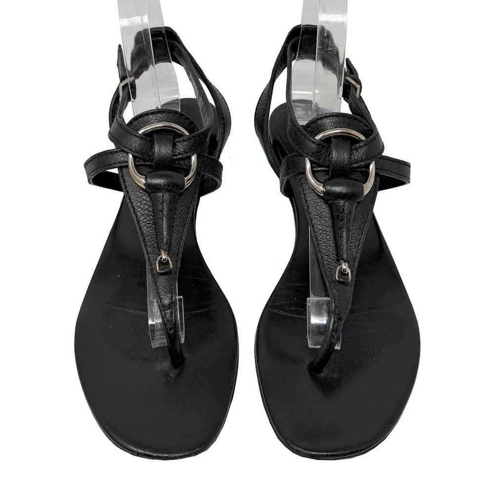 Gucci‎ Black Leather Horsebit T Strap Sandals Flat Gladiator Size 37
